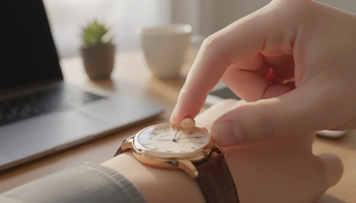 A close-up shot of a person's hand carefully turning the crown of an elegant analog watch, with a blurred background of a modern desk setting., high-quality photography, professional lighting, sharp focus, realistic, detailed