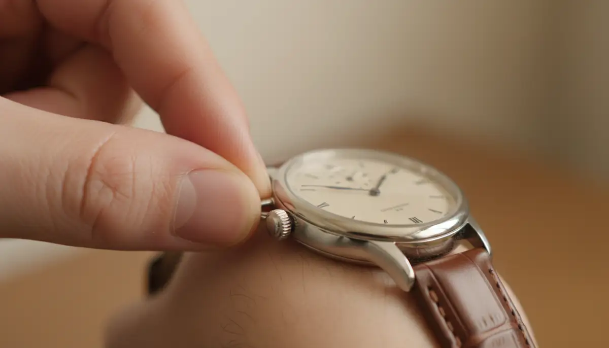 A close-up shot of a person's hand gently pulling out the crown of a classic mechanical watch, with a soft, diffused background., high-quality photography, professional lighting, sharp focus, realistic, detailed