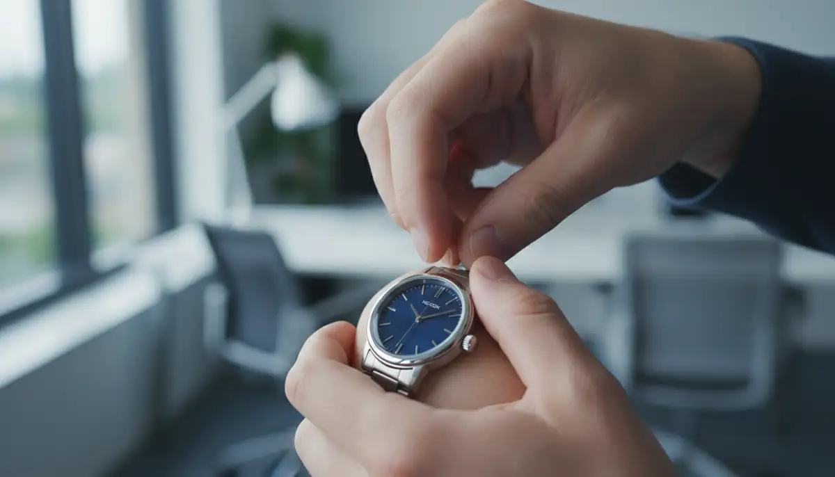 A close-up shot of a person's hands carefully adjusting the crown of a sleek Nixon analog watch, with a blurred modern office background., high-quality photography, professional lighting, sharp focus, realistic, detailed