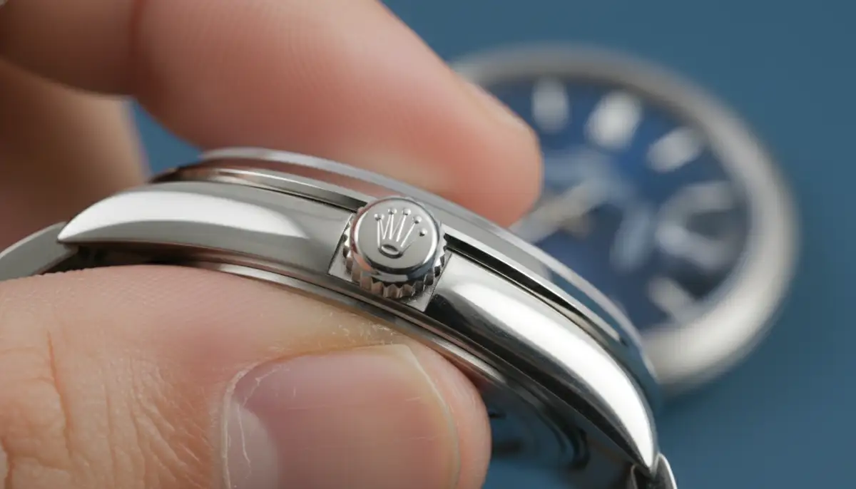 A close-up shot of a Rolex Oyster Perpetual's crown being unscrewed and pulled out, with a blurred background of the watch face., high-quality photography, professional lighting, sharp focus, realistic, detailed