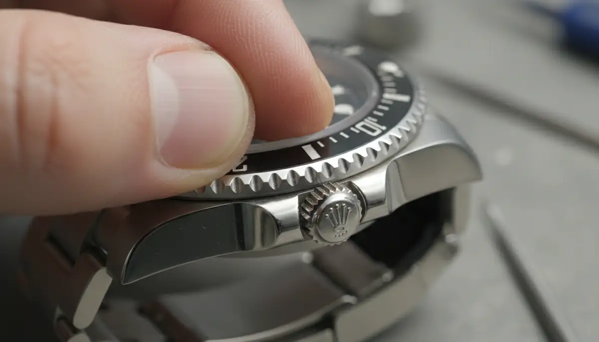 A close-up shot of a Rolex Submariner crown being carefully unscrewed by a person's fingers, with a clear focus on the intricate details of the crown and bezel., high-quality photography, professional lighting, sharp focus, realistic, detailed