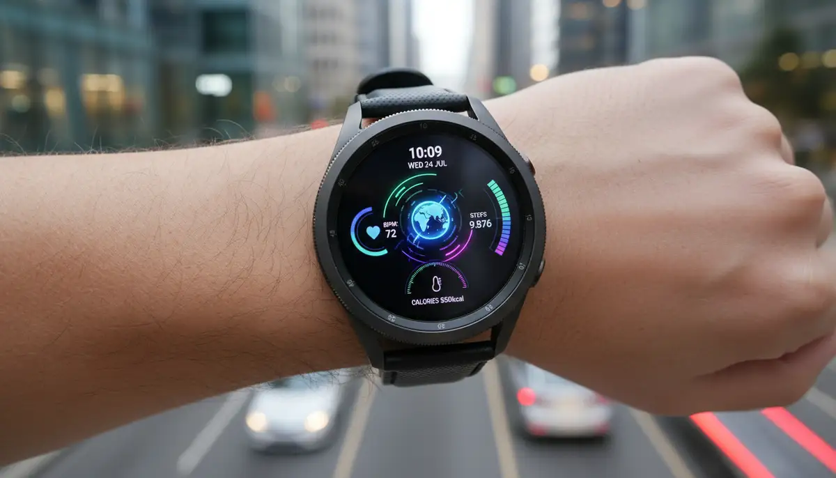 A close-up shot of a Samsung Galaxy Watch 8 Classic on a wrist, displaying a vibrant, futuristic digital watch face with health stats., high-quality photography, professional lighting, sharp focus, realistic, detailed
