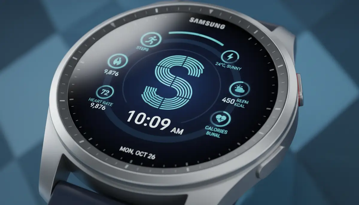 A close-up shot of a Samsung Galaxy Watch screen displaying a highly customizable watch face, with various icons and data points clearly visible, in a modern, clean design., high-quality photography, professional lighting, sharp focus, realistic, detailed
