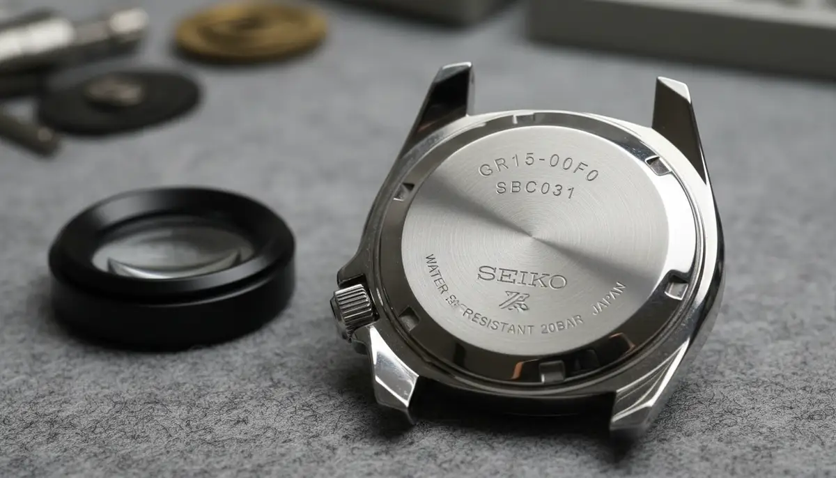A close-up shot of a Seiko watch case back, clearly showing engraved serial and model numbers, with a magnifying loupe nearby., high-quality photography, professional lighting, sharp focus, realistic, detailed