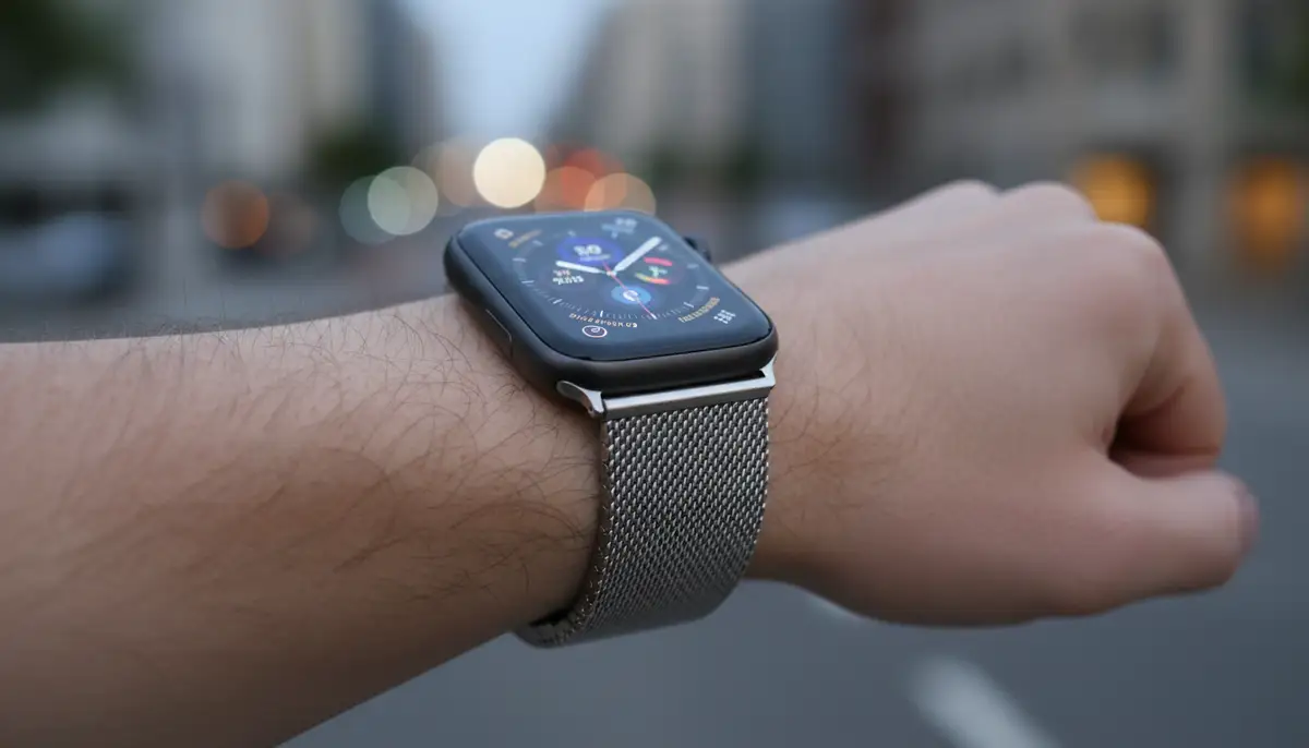A close-up shot of a silver Milanese Apple Watch band on a wrist, showing its intricate woven metal texture and magnetic clasp, with a modern Apple Watch face displayed., high-quality photography, professional lighting, sharp focus, realistic, detailed