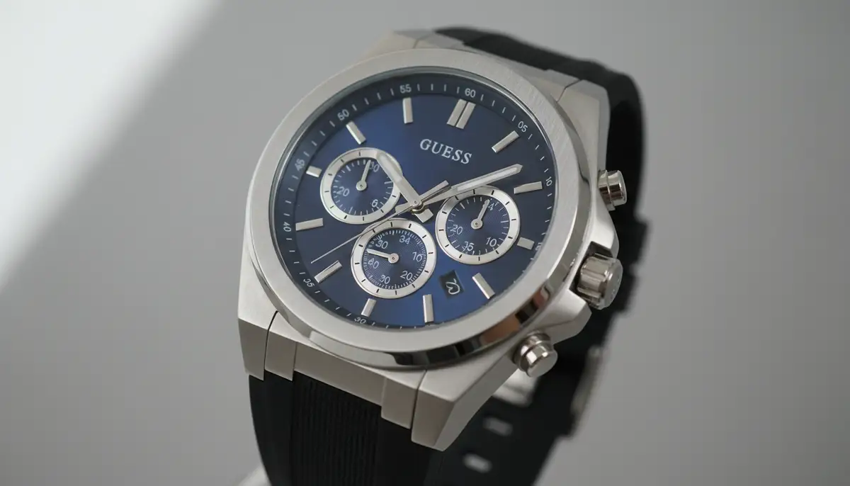 A close-up shot of a sleek GUESS men's watch from the 2025 collection, featuring a brushed stainless steel case and a multi-function dial, with a modern, minimalist background., high-quality photography, professional lighting, sharp focus, realistic, detailed