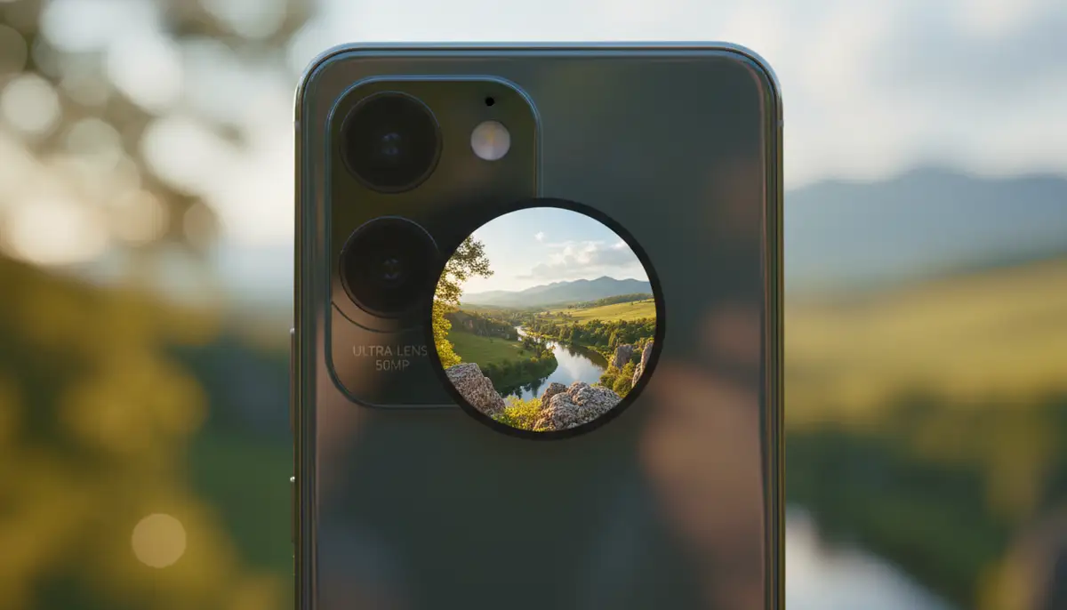 A close-up shot of a smartphone camera lens capturing a vibrant landscape, emphasizing detail and clarity, with a subtle bokeh effect. The phone is sleek and modern., high-quality photography, professional lighting, sharp focus, realistic, detailed