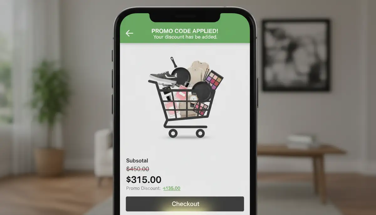 A close-up shot of a smartphone screen showing the Macy's app with a 'promo code applied' notification, alongside a shopping cart full of diverse items., high-quality photography, professional lighting, sharp focus, realistic, detailed
