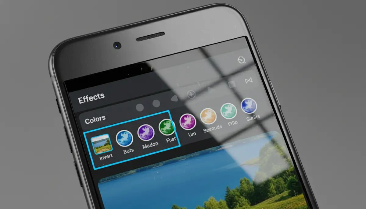 A close-up shot of a smartphone screen showing the PicsArt app with the 'Effects' menu open, specifically highlighting the 'Invert' option within the 'Colors' category., high-quality photography, professional lighting, sharp focus, realistic, detailed