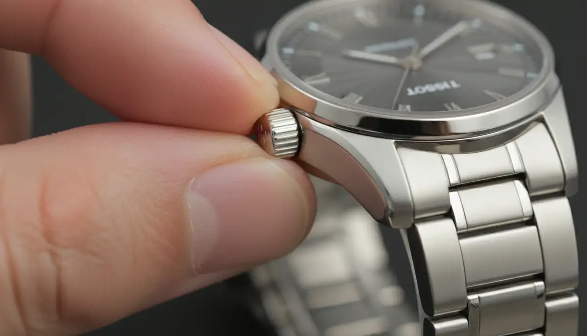 A close-up shot of a Tissot watch crown being pulled out by fingers, with a blurred watch face in the background, illustrating the first step of setting the watch., high-quality photography, professional lighting, sharp focus, realistic, detailed