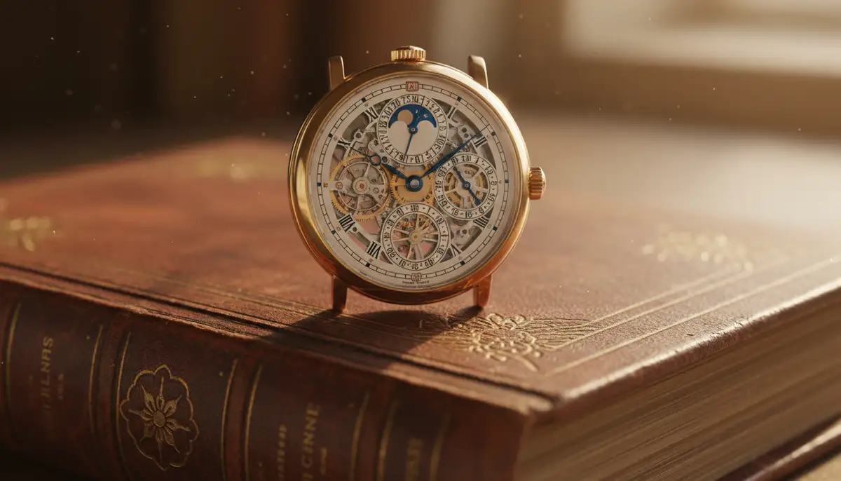 A close-up shot of a vintage Patek Philippe watch with intricate dial details, resting on a leather-bound book, bathed in soft, warm light., high-quality photography, professional lighting, sharp focus, realistic, detailed
