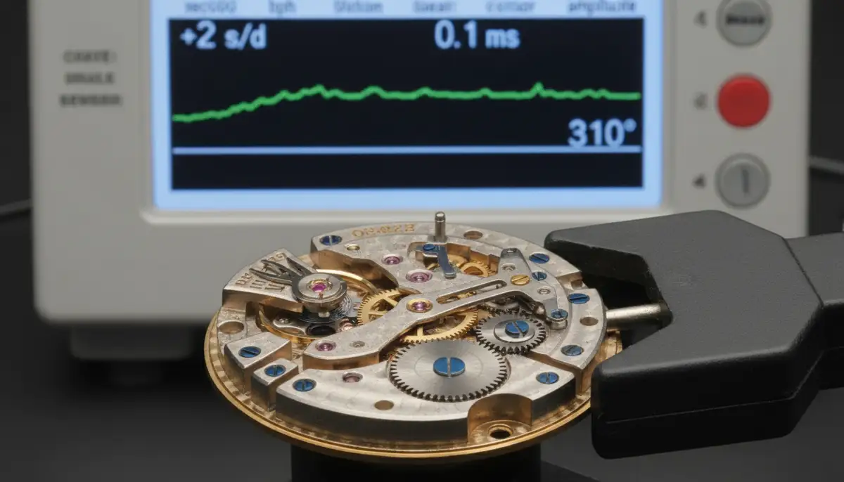 A close-up shot of a watch movement with a timegrapher clamp attached, showing precise readings on a digital screen., high-quality photography, professional lighting, sharp focus, realistic, detailed