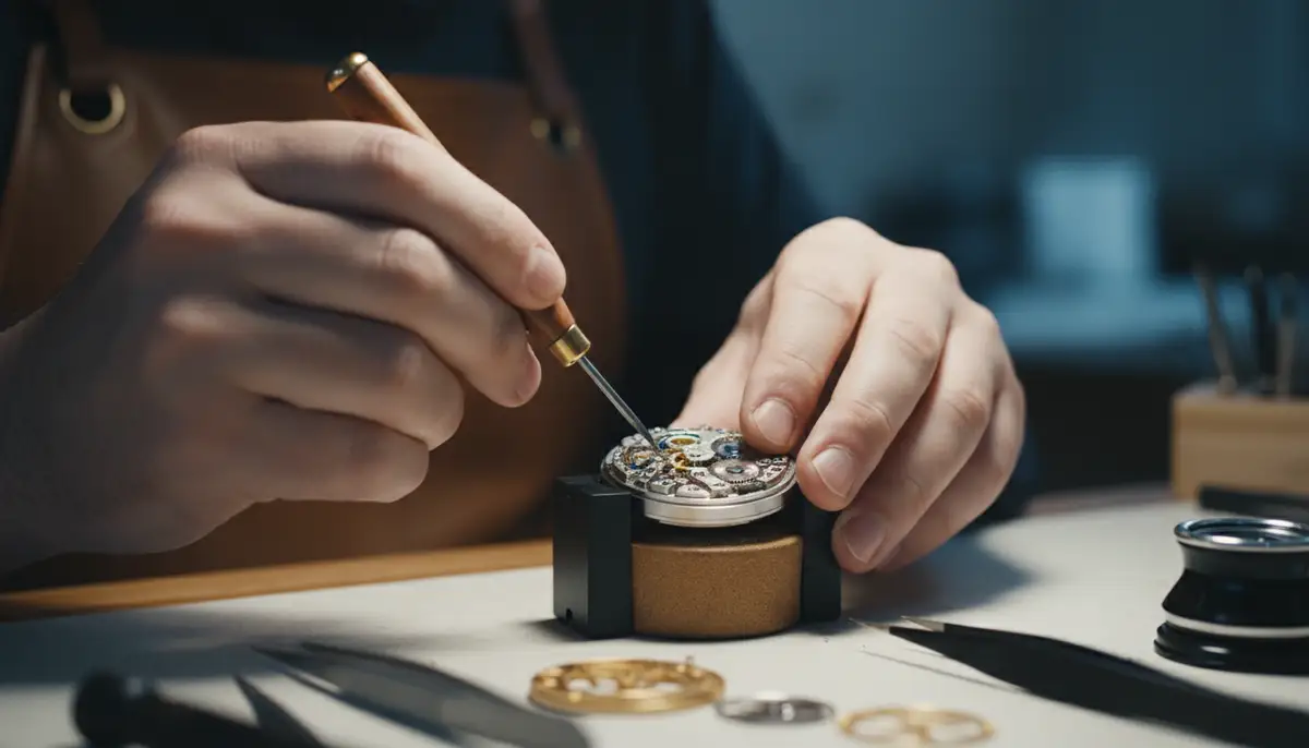 A close-up shot of a watchmaker's hands delicately adjusting a regulator arm on a mechanical watch movement, with precision tools visible., high-quality photography, professional lighting, sharp focus, realistic, detailed