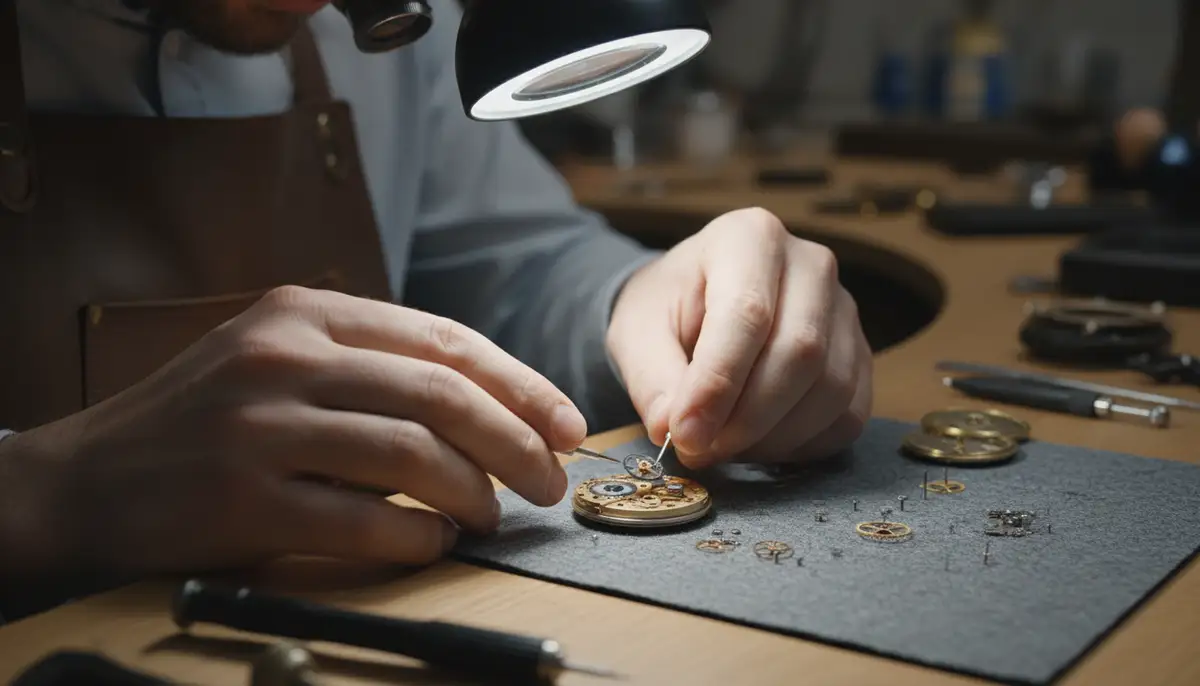 A close-up shot of a watchmaker's hands meticulously assembling the tiny components of a mechanical watch, highlighting craftsmanship., high-quality photography, professional lighting, sharp focus, realistic, detailed