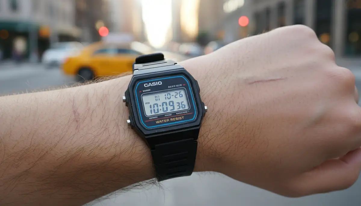 A close-up shot of a well-preserved vintage Casio F-91W on a wrist, with a blurred background showing urban elements, emphasizing its timeless design., high-quality photography, professional lighting, sharp focus, realistic, detailed