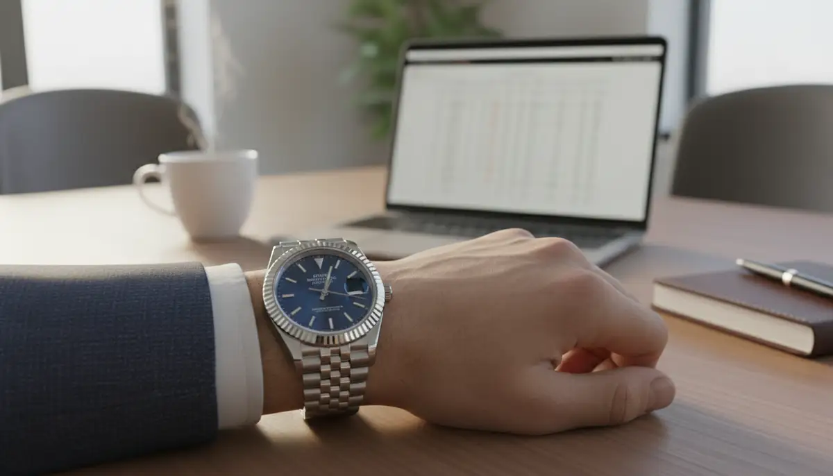 A close-up shot of a wrist wearing a Rolex Datejust in a professional office setting, with a laptop and coffee in the background, emphasizing its versatility., high-quality photography, professional lighting, sharp focus, realistic, detailed