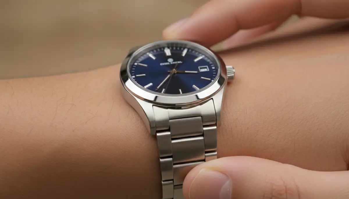A close-up shot of a wrist with a perfectly fitted watch, showing the watch resting just above the wrist bone, with a finger easily sliding underneath the strap., high-quality photography, professional lighting, sharp focus, realistic, detailed