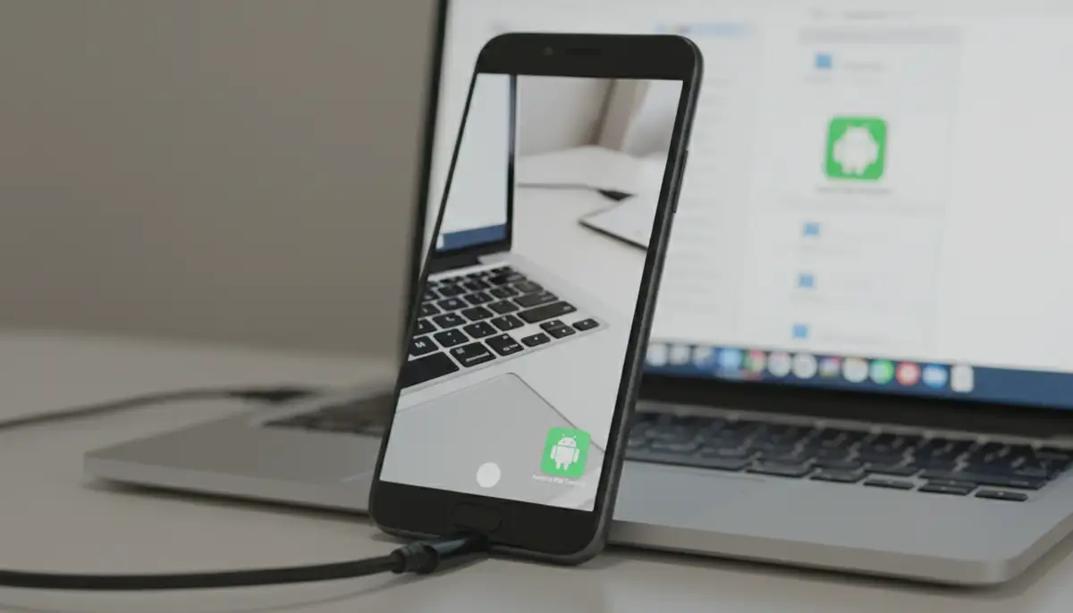 A close-up shot of an Android phone connected to a laptop via a USB-C cable, with the phone screen displaying a live camera feed and a desktop application icon visible., high-quality photography, professional lighting, sharp focus, realistic, detailed