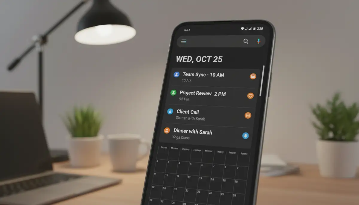 A close-up shot of an Android phone displaying a customized Google Calendar widget on its home screen, showing upcoming events clearly, with a blurred background of a modern workspace., high-quality photography, professional lighting, sharp focus, realistic, detailed