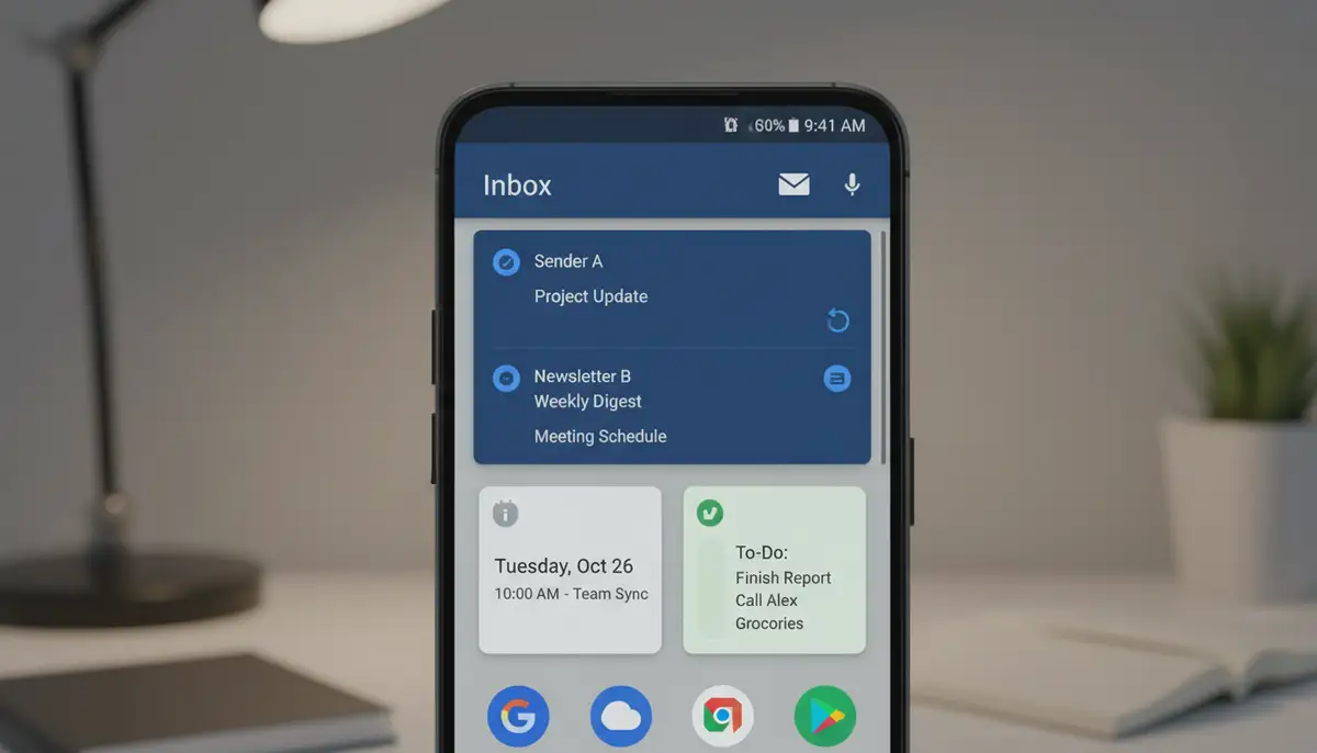 A close-up shot of an Android phone home screen displaying a customized email widget with unread messages, surrounded by other productivity widgets, in a modern, clean design., high-quality photography, professional lighting, sharp focus, realistic, detailed