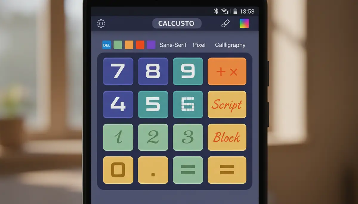 A close-up shot of an Android phone screen showing a customizable calculator widget with different color themes and font options, reflecting user personalization., high-quality photography, professional lighting, sharp focus, realistic, detailed