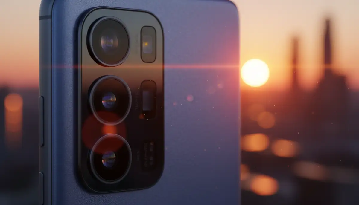 A close-up shot of an Android phone's camera module, showing multiple lenses and sensors, with a bokeh background of a city skyline at sunset., high-quality photography, professional lighting, sharp focus, realistic, detailed