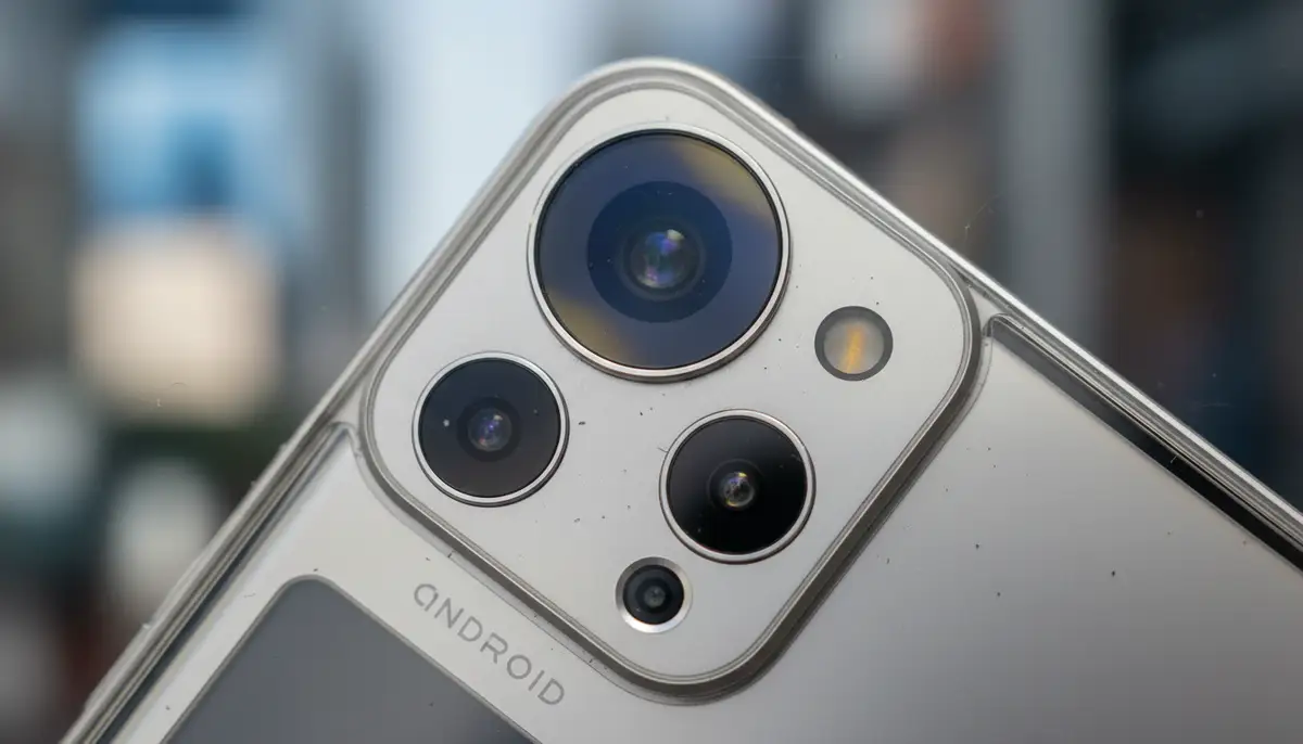 A close-up shot of an Android phone's camera module, showing three distinct lenses and sensors, with subtle light reflections., high-quality photography, professional lighting, sharp focus, realistic, detailed