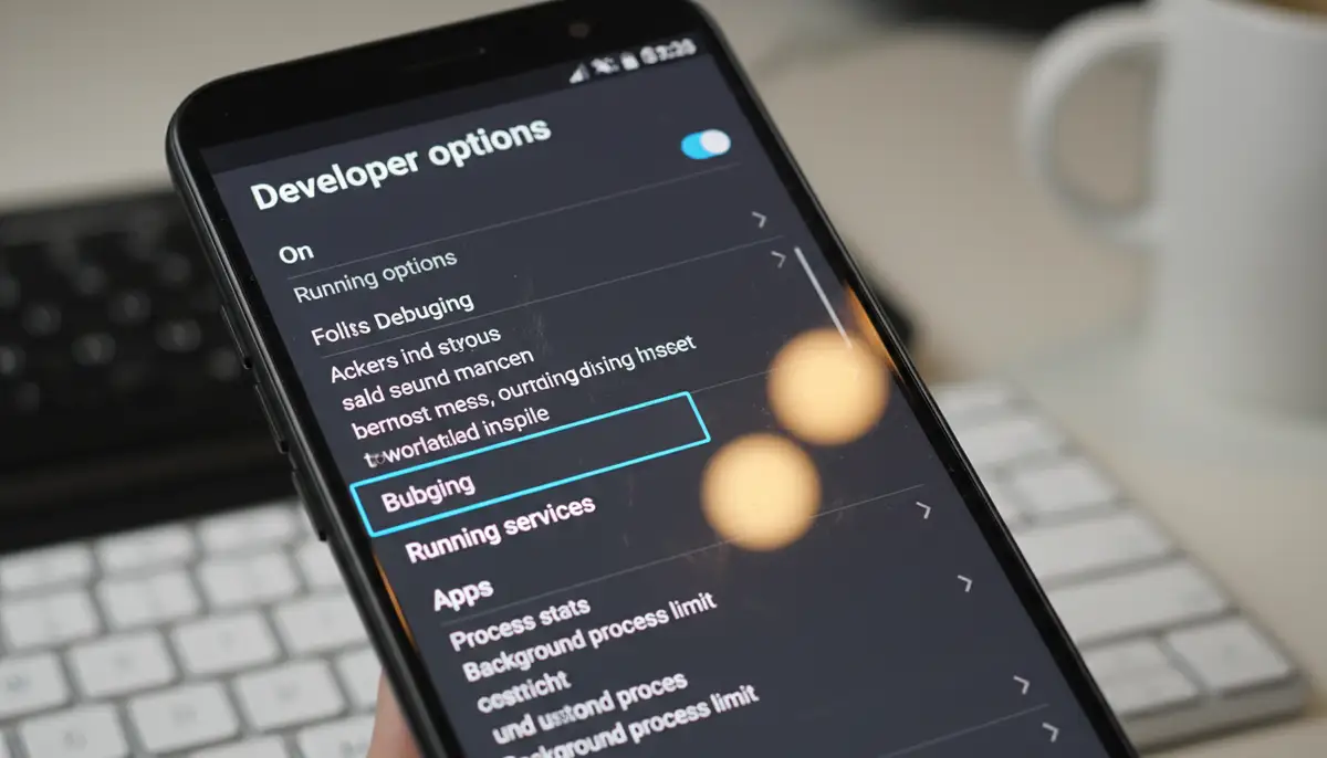 A close-up shot of an Android phone's 'Developer Options' menu, specifically highlighting 'Running services' or 'Process stats'., high-quality photography, professional lighting, sharp focus, realistic, detailed