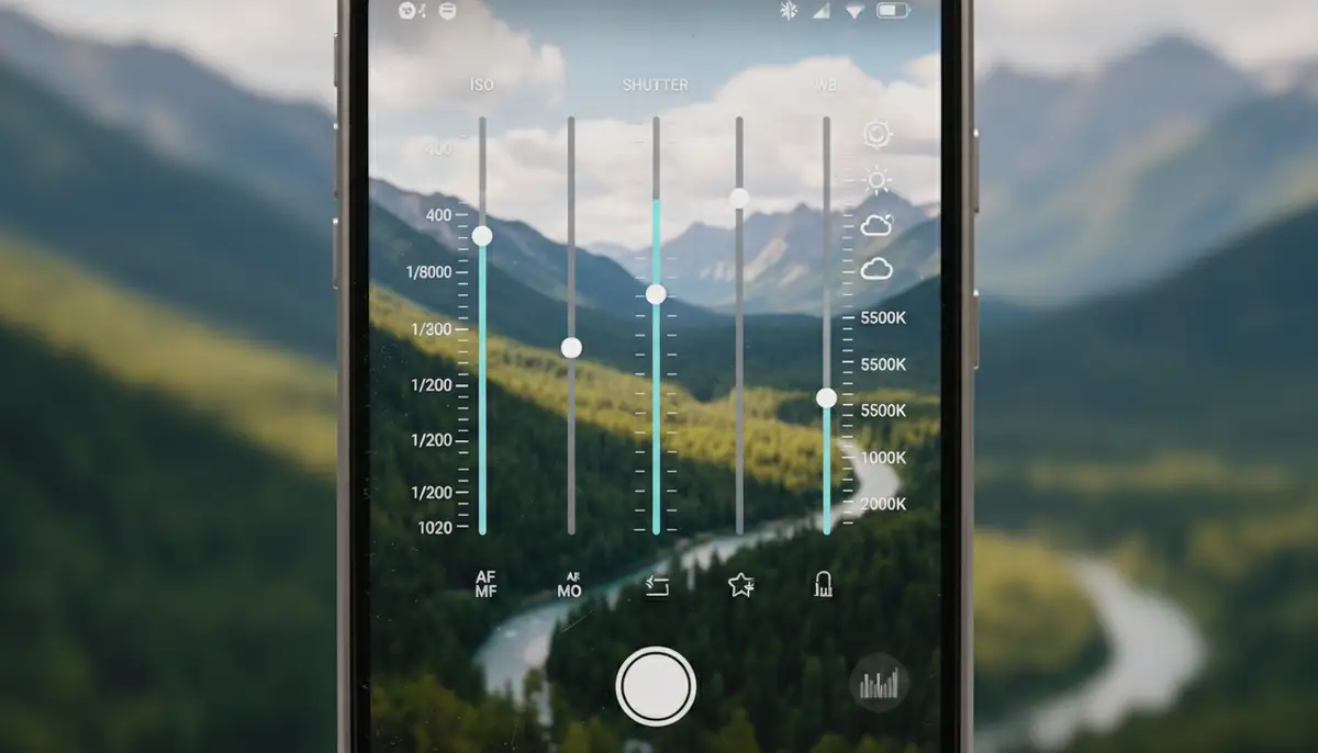 A close-up shot of an Android smartphone screen displaying a camera app with various manual control sliders for ISO, shutter speed, and white balance, with a blurred background of a scenic landscape., high-quality photography, professional lighting, sharp focus, realistic, detailed