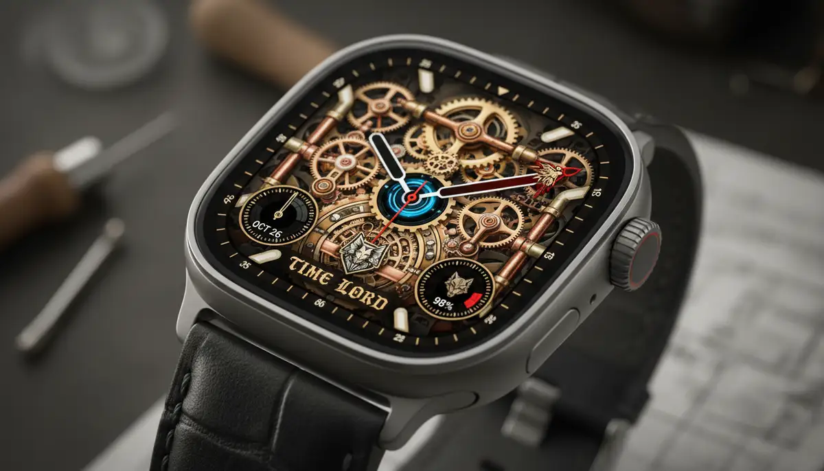 A close-up shot of an Apple Watch displaying a custom watch face from WatchMaker, showcasing intricate design and personalized elements., high-quality photography, professional lighting, sharp focus, realistic, detailed