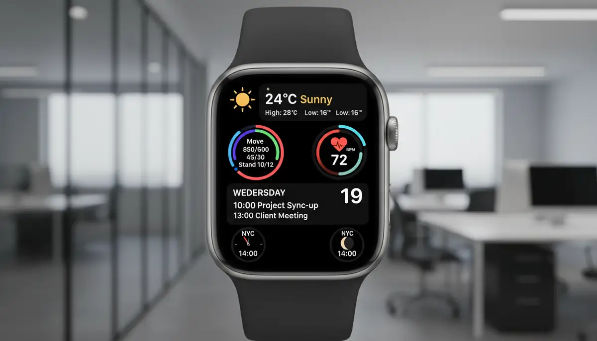 A close-up shot of an Apple Watch displaying a vibrant, data-rich Infograph Modular watch face, with various complications showing weather, activity, and calendar. The background is a blurred modern office setting., high-quality photography, professional lighting, sharp focus, realistic, detailed