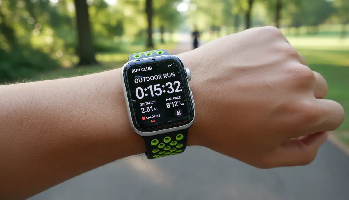 A close-up shot of an Apple Watch Nike Edition on a runner's wrist, displaying the Nike Run Club app interface during a morning run in a park., high-quality photography, professional lighting, sharp focus, realistic, detailed