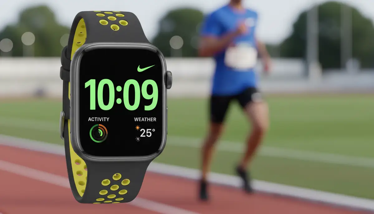 A close-up shot of an Apple Watch Nike model with its distinctive Nike Sport Band, displaying a vibrant Nike watch face, against a blurred background of a runner on a track., high-quality photography, professional lighting, sharp focus, realistic, detailed