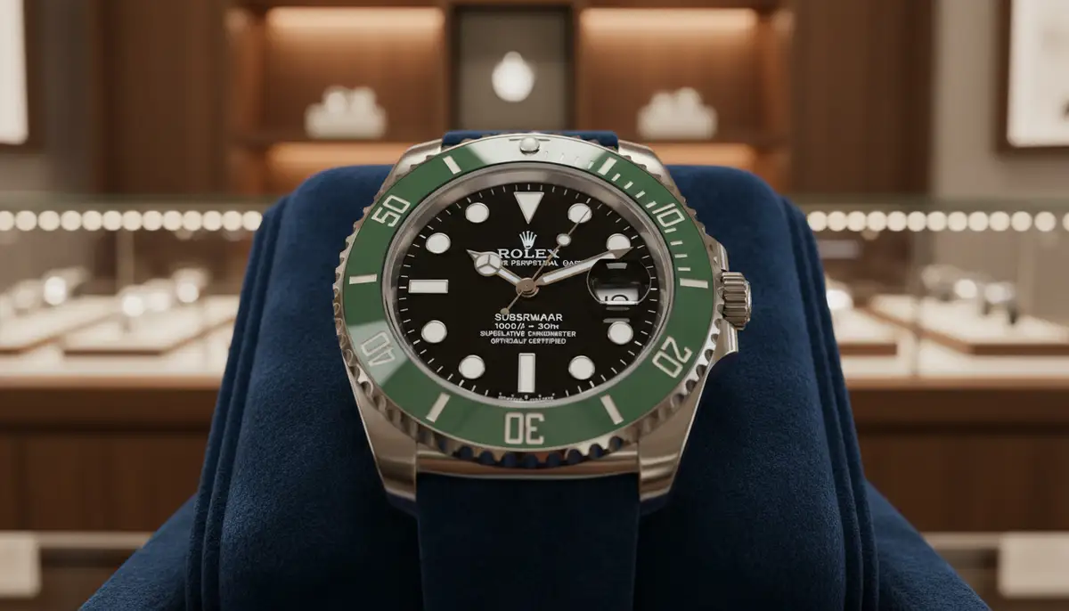 A close-up shot of an Apple Watch Series 10 displaying a highly realistic Rolex Submariner watch face, with intricate details and a glossy finish, against a blurred background of a luxury watch store., high-quality photography, professional lighting, sharp focus, realistic, detailed