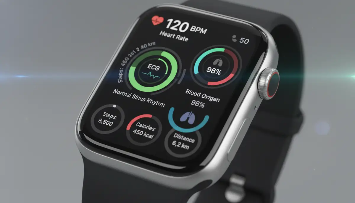 A close-up shot of an Apple Watch Series 11 display showing various health metrics, such as heart rate, ECG, and blood oxygen, with a clean, vibrant interface., high-quality photography, professional lighting, sharp focus, realistic, detailed