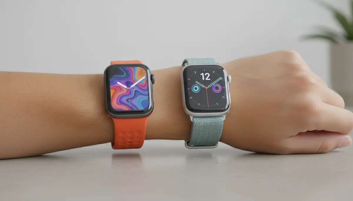 A close-up shot of an Apple Watch with a vibrant Sport Band on one wrist, and another Apple Watch with a soft Sport Loop on a different wrist, side-by-side on a clean, modern surface., high-quality photography, professional lighting, sharp focus, realistic, detailed