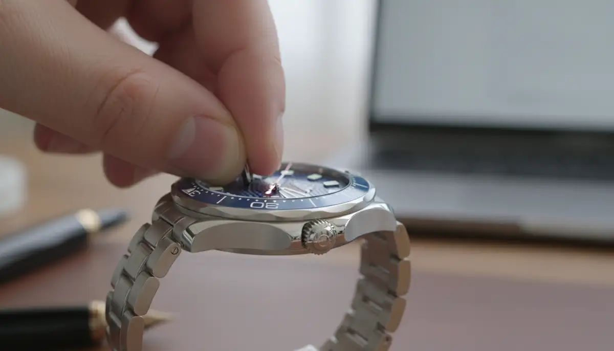 A close-up shot of an elegant OMEGA Seamaster watch crown being pulled out by a hand, against a blurred background of a desk., high-quality photography, professional lighting, sharp focus, realistic, detailed