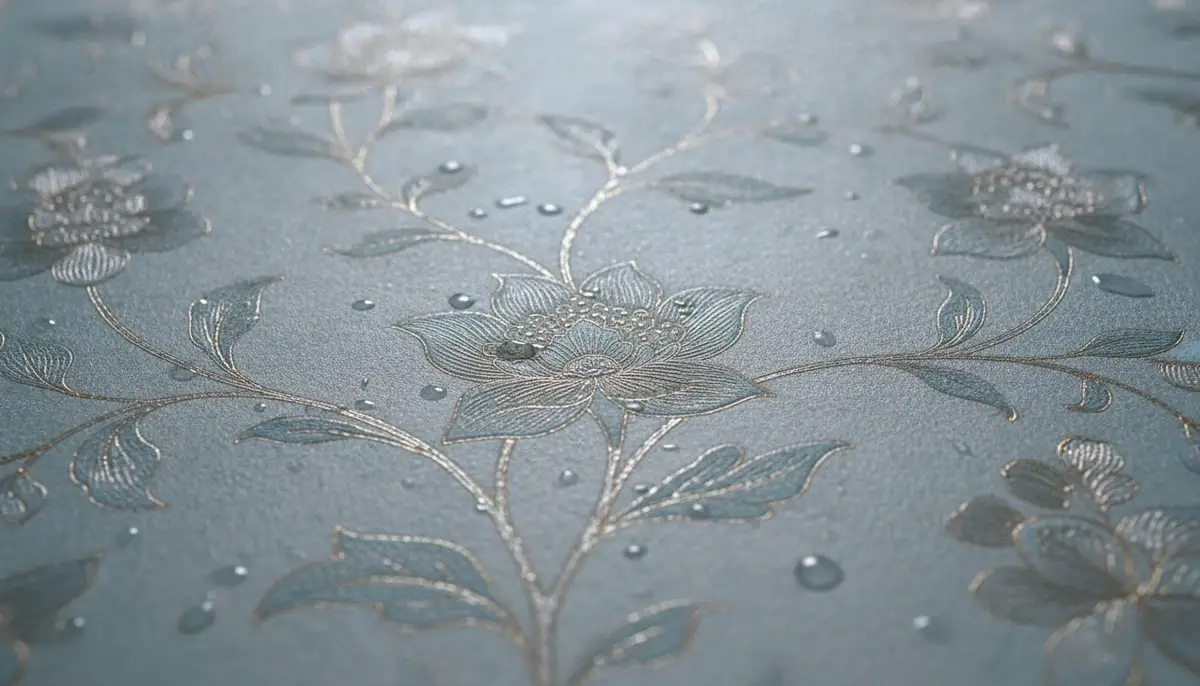 A close-up shot of an embossed wallpaper featuring a delicate floral pattern in muted blue and soft grey tones, showing intricate details and subtle metallic sheen., high-quality photography, professional lighting, sharp focus, realistic, detailed