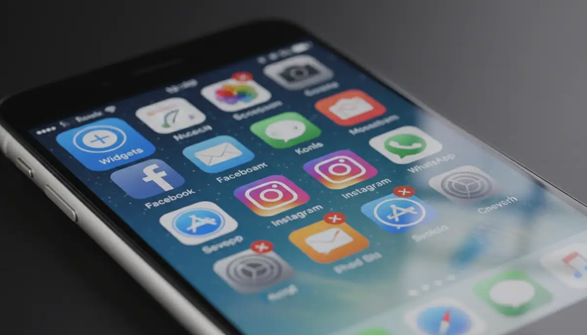 A close-up shot of an iPhone 8 screen in 'jiggle mode' with app icons shaking and a '+' button visible in the top left corner, indicating the start of the widget adding process., high-quality photography, professional lighting, sharp focus, realistic, detailed