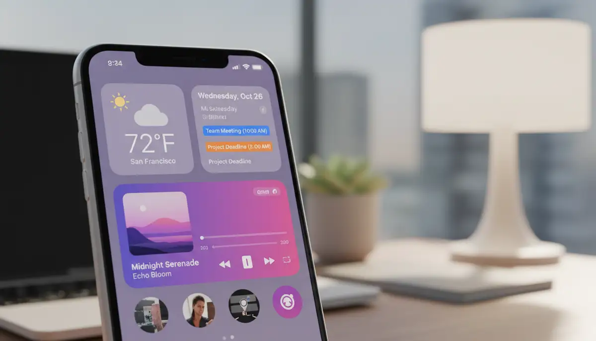 A close-up shot of an iPhone home screen with various colorful widgets neatly arranged, showcasing weather, calendar, and music, against a blurred modern desk background., high-quality photography, professional lighting, sharp focus, realistic, detailed