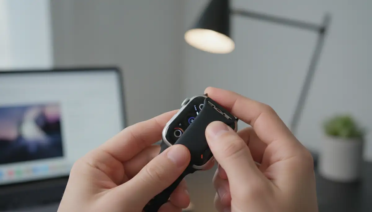 A close-up shot of hands demonstrating how to attach an Apple Watch strap to the watch case, showing the secure click mechanism, with a blurred background of a modern workspace., high-quality photography, professional lighting, sharp focus, realistic, detailed