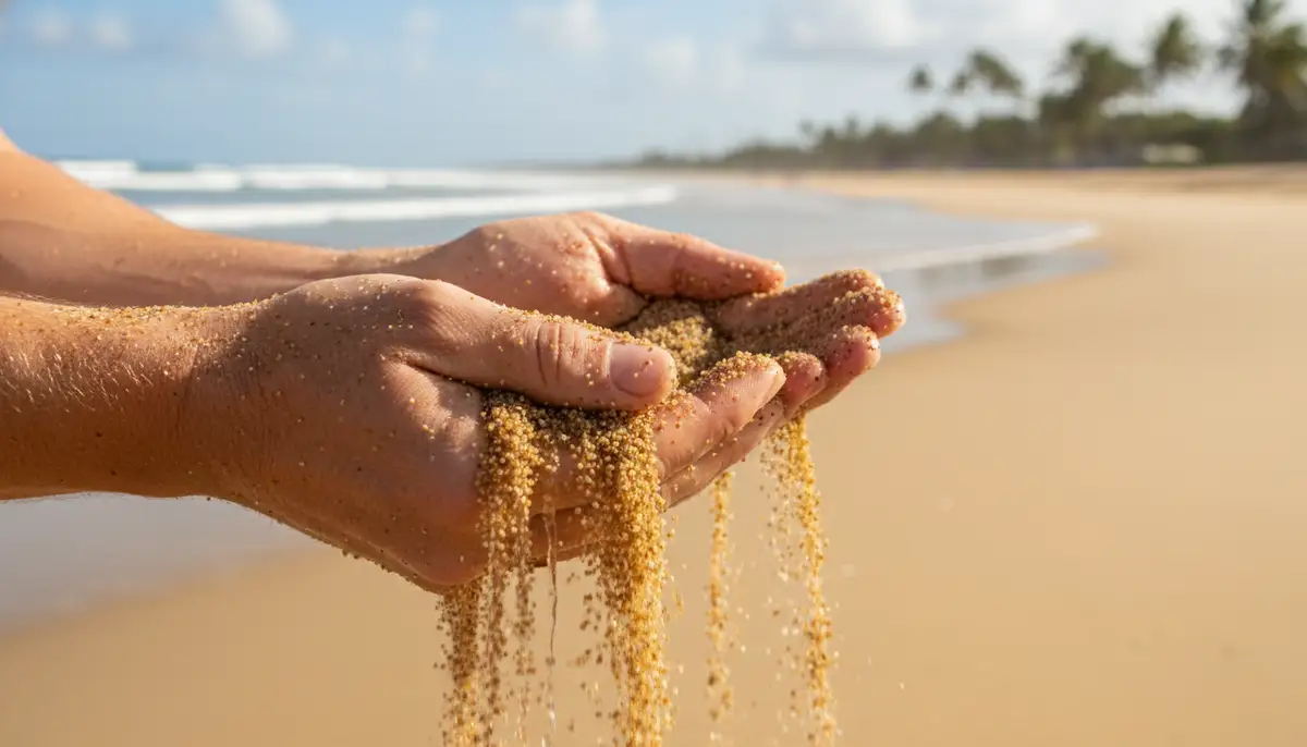 A close-up shot of hands playing with sand, showing intricate details of sand and water, with a blurry beach background., high-quality photography, professional lighting, sharp focus, realistic, detailed