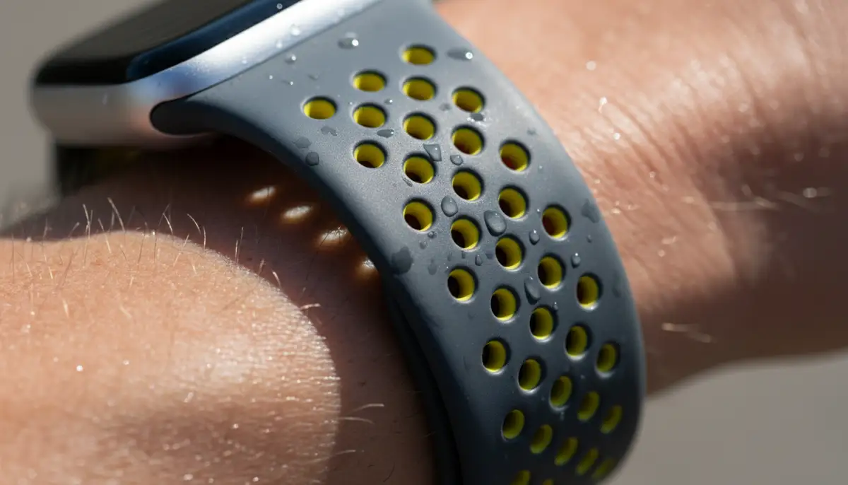 A close-up shot of the Apple Watch Nike Sport Band's perforated design, highlighting its breathability during a run., high-quality photography, professional lighting, sharp focus, realistic, detailed