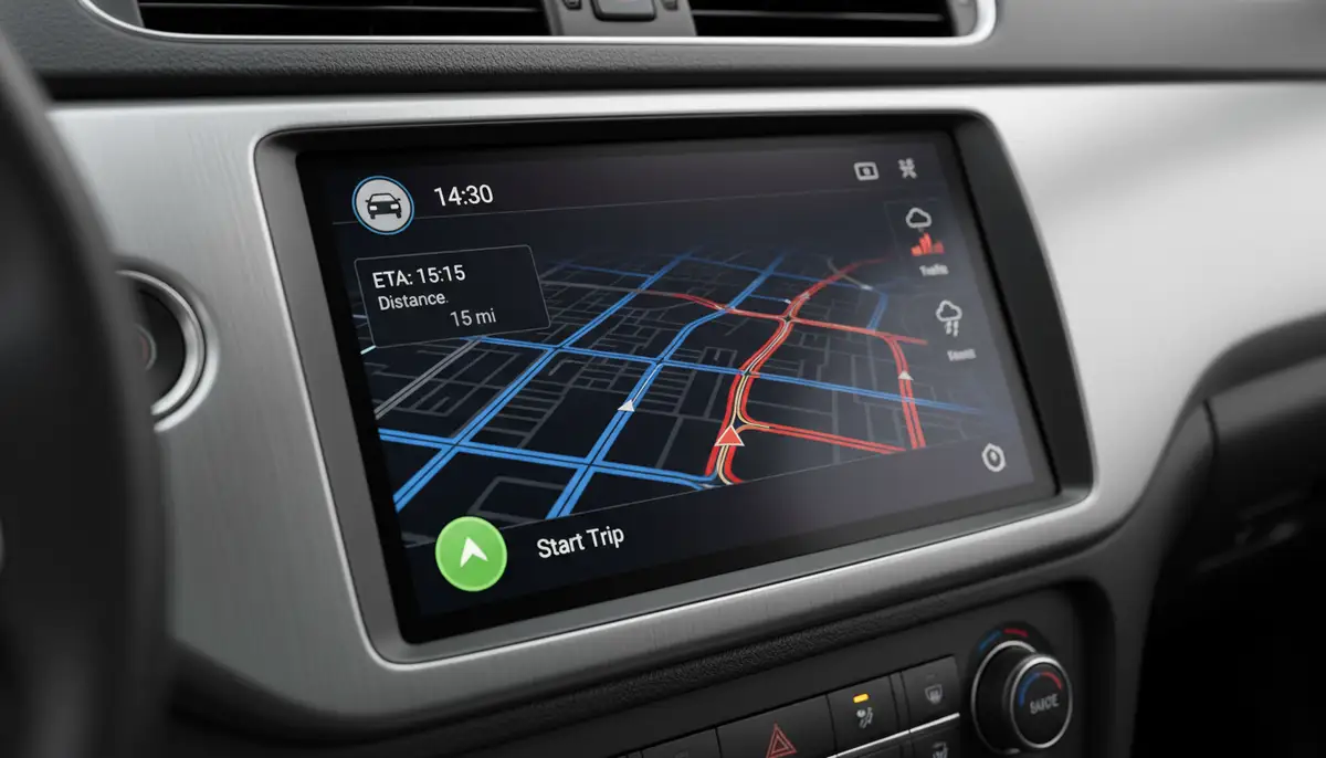 A close-up view of an Android Auto screen displaying a customizable navigation widget with real-time traffic updates, integrated seamlessly into the dashboard., high-quality photography, professional lighting, sharp focus, realistic, detailed