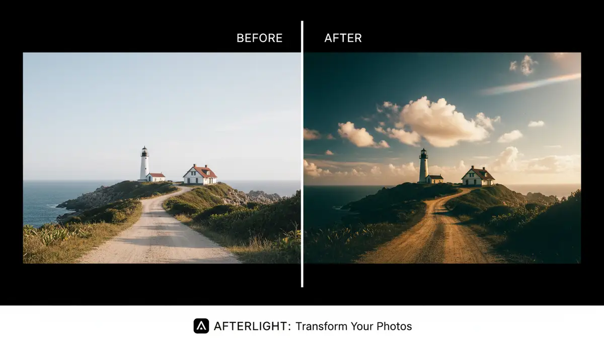 A collage of before-and-after photos, clearly showing the transformative power of the Afterlight app's editing tools, from a bland original to a stunning, film-like image., high-quality photography, professional lighting, sharp focus, realistic, detailed