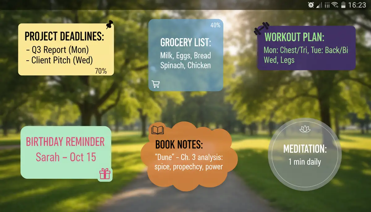 A collage of different customized note widgets on an Android home screen, showcasing various colors, fonts, and transparency levels for different tasks., high-quality photography, professional lighting, sharp focus, realistic, detailed