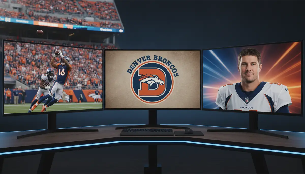 A collage of different Denver Broncos desktop wallpaper styles: one with an action shot, one with a vintage logo, and one with a player portrait, displayed on three distinct monitor screens., high-quality photography, professional lighting, sharp focus, realistic, detailed