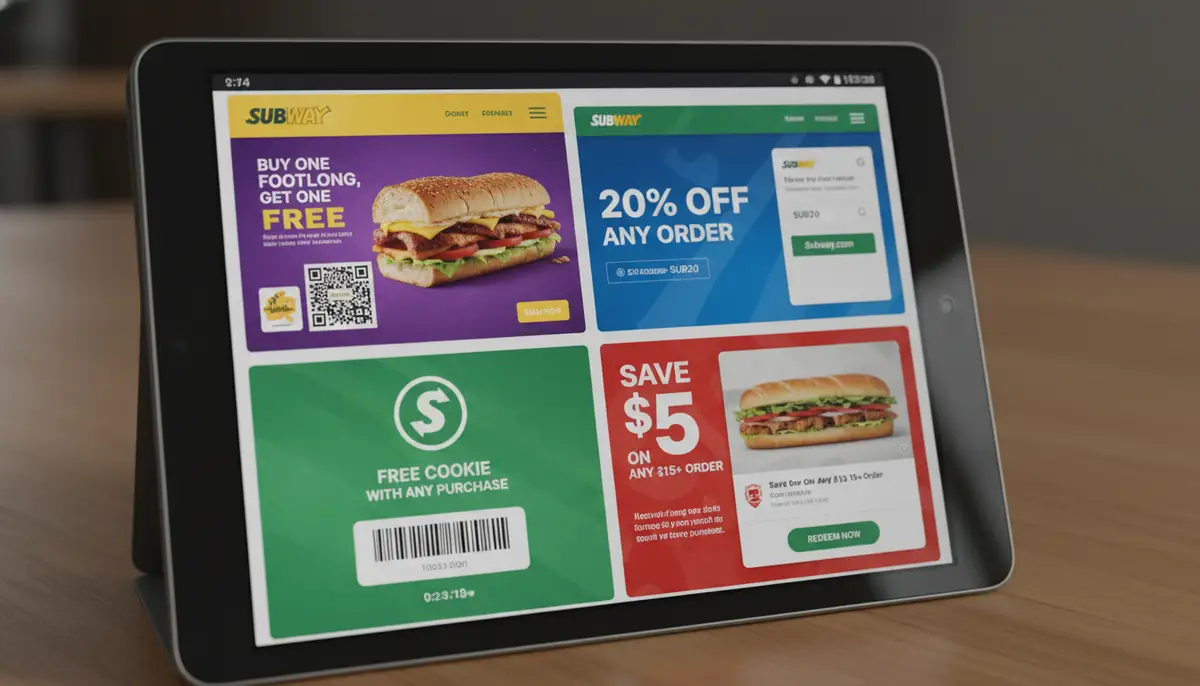 A collage of different digital coupon interfaces from various websites and apps, all showing deals for Subway, on a tablet screen., high-quality photography, professional lighting, sharp focus, realistic, detailed