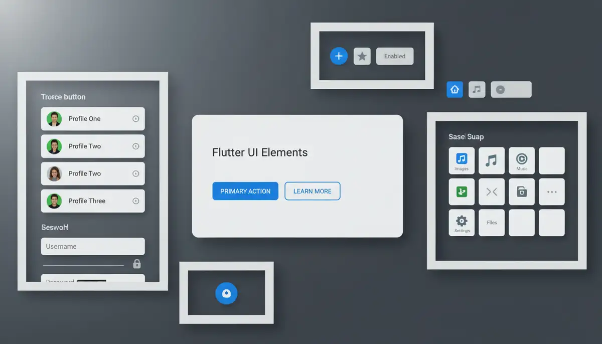 A collage of different Flutter design widgets, showcasing diverse UI elements like buttons, text fields, lists, and cards, arranged aesthetically., high-quality photography, professional lighting, sharp focus, realistic, detailed