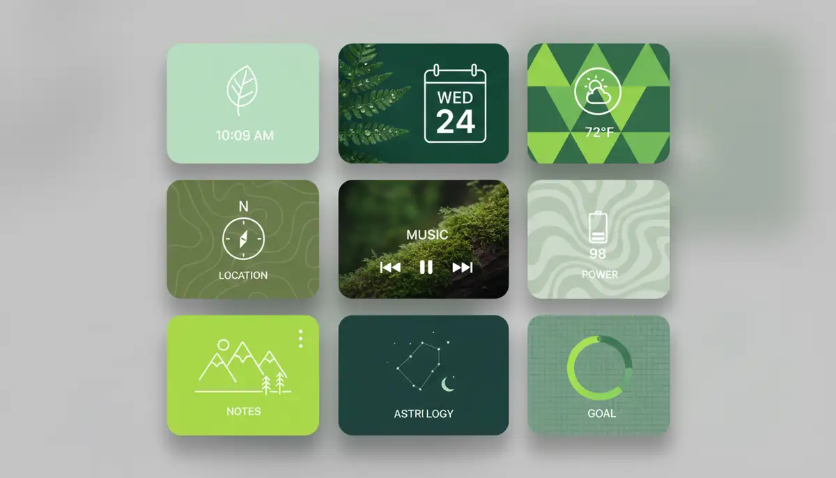 A collage of different green aesthetic widgets, showcasing various shades of green from mint to forest, with elements like minimalist icons, nature photography, and abstract patterns, suitable for phone customization., high-quality photography, professional lighting, sharp focus, realistic, detailed